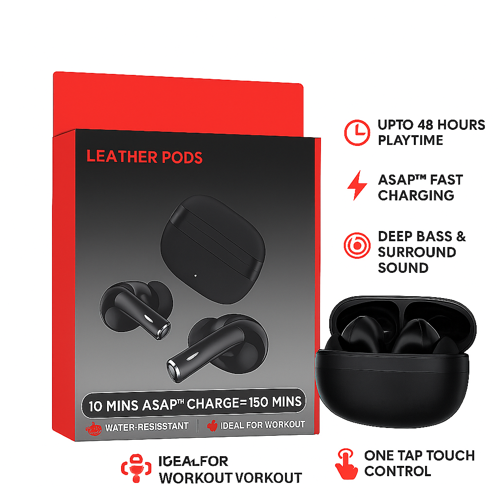 Premium Leather-Finish True Wireless Earbuds – 50 Hrs Playback · 4 Mics ENx Call Tech · ASAP™ Fast Charge · Dual EQ Modes